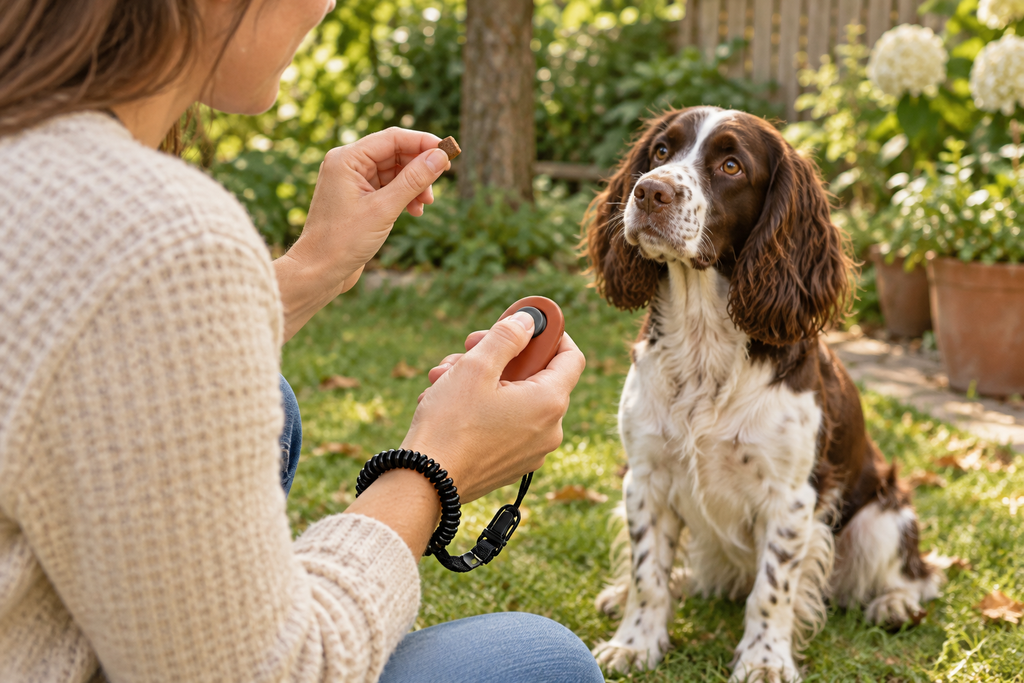 TRIXIE Soft Clicker — met polsband, assorti — in gebruik